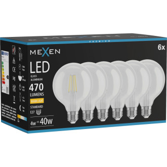 Mexen Vintis 6x LED žiarovka s vláknom E27, G95, 4W, teplá - 2700K, 470 lm, číra - L157-E27-0427-00x06