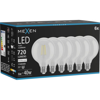 Mexen Vintis 6x LED žiarovka s vláknom E27, G95, 6W, neutrálna - 4000K, 720 lm, číra - L157-E27-0640-00x06