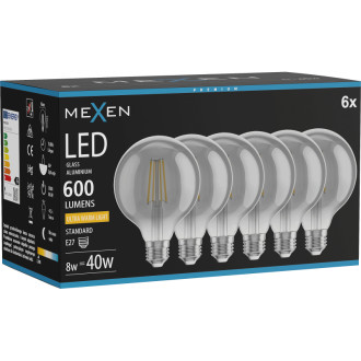 Mexen Vintis 6x LED žiarovka s vláknom E27, G95, 8W, teplá - 2200K, 600 lm, dymová - L157-E27-0822-70x06