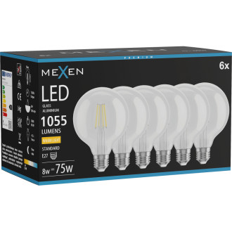 Mexen Vintis 6x LED žiarovka s vláknom E27, G95, 8W, teplá - 2700K, 1055 lm, číra - L157-E27-0827-00x06