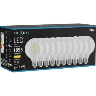 Mexen Vintis 10x LED žiarovka s vláknom E27, G95, 8W, teplá - 2700K, 1055 lm, číra - L157-E27-0827-00x10