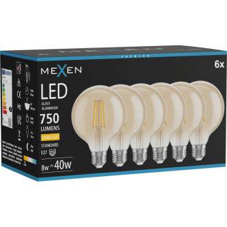 Mexen Vintis 6x LED žiarovka s vláknom E27, G95, 8W, teplá - 2700K, 750 lm, jantárová - L157-E27-0827-50x06