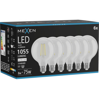Mexen Vintis 6x LED žiarovka s vláknom E27, G95, 8W, neutrálna - 4000K, 1055 lm, číra - L157-E27-0840-00x06