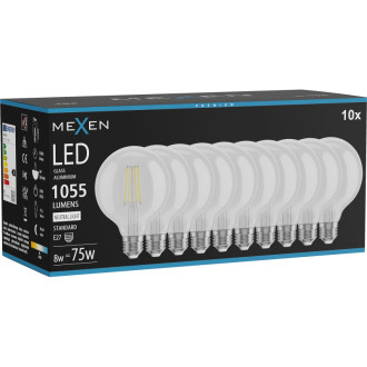 Mexen Vintis 10x LED žiarovka s vláknom E27, G95, 8W, neutrálna - 4000K, 1055 lm, číra - L157-E27-0840-00x10
