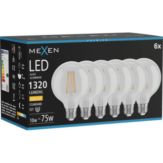 Mexen Vintis 6x LED žiarovka s vláknom E27, G95, 10W, teplá - 2700K, 1320 lm, číra - L157-E27-1027-00x06