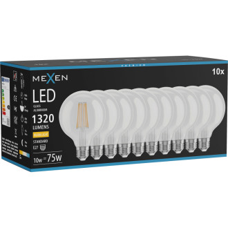 Mexen Vintis 10x LED žiarovka s vláknom E27, G95, 10W, teplá - 2700K, 1320 lm, číra - L157-E27-1027-00x10