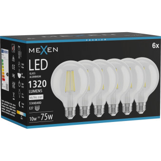 Mexen Vintis 6x LED žiarovka s vláknom E27, G95, 10W, neutrálna - 4000K, 1320 lm, číra - L157-E27-1040-00x06