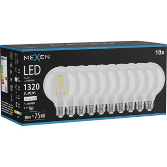 Mexen Vintis 10x LED žiarovka s vláknom E27, G95, 10W, neutrálna - 4000K, 1320 lm, číra - L157-E27-1040-00x10