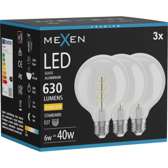 Mexen Vintis 3x LED špirálová žiarovka E27, G95, 6W, teplá - 2700K, 630 lm, číra - L167-E27-0627-00x03