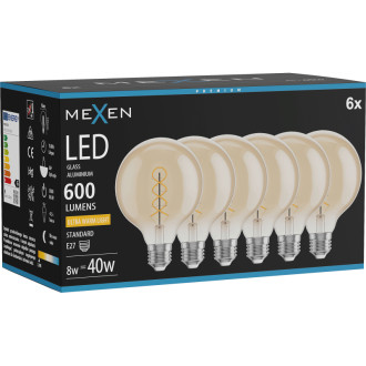 Mexen Vintis 6x LED špirálová žiarovka E27, G95, 8W, teplá - 2200K, 600 lm, jantárová - L167-E27-0822-50x06