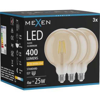 Mexen Vintis 3x LED žiarovka s vláknom E27, G125, 4W, teplá - 2200K, 400 lm, jantárová - L158-E27-0422-50x03