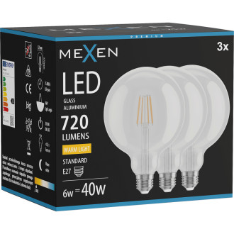 Mexen Vintis 3x LED žiarovka s vláknom E27, G125, 6W, teplá - 2700K, 720 lm, číra - L158-E27-0627-00x03