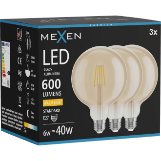 Mexen Vintis 3x LED žiarovka s vláknom E27, G125, 6W, teplá - 2700K, 600 lm, jantárová - L158-E27-0627-50x03