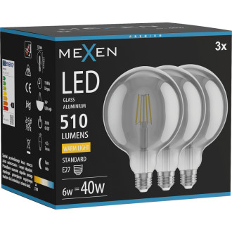 Mexen Vintis 3x LED žiarovka s vláknom E27, G125, 6W, teplá - 2700K, 510 lm, dymová - L158-E27-0627-70x03