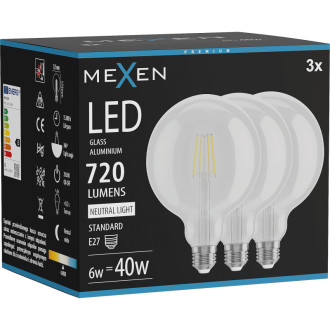 Mexen Vintis 3x LED žiarovka s vláknom E27, G125, 6W, neutrálna - 4000K, 720 lm, číra - L158-E27-0640-00x03