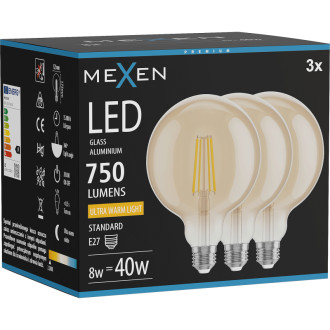 Mexen Vintis 3x LED žiarovka s vláknom E27, G125, 8W, teplá - 2200K, 750 lm, jantárová - L158-E27-0822-50x03