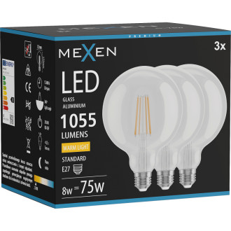 Mexen Vintis 3x LED žiarovka s vláknom E27, G125, 8W, teplá - 2700K, 1055 lm, číra - L158-E27-0827-00x03