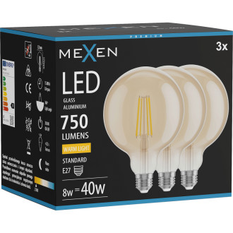 Mexen Vintis 3x LED žiarovka s vláknom E27, G125, 8W, teplá - 2700K, 750 lm, jantárová - L158-E27-0827-50x03