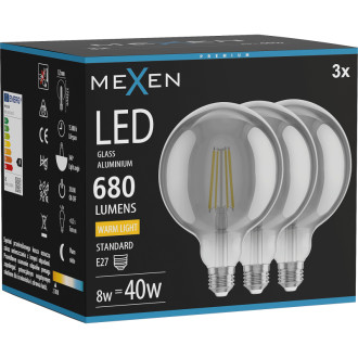 Mexen Vintis 3x LED žiarovka s vláknom E27, G125, 8W, teplá - 2700K, 680 lm, dymová - L158-E27-0827-70x03