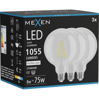 Mexen Vintis 3x LED žiarovka s vláknom E27, G125, 8W, neutrálna - 4000K, 1055 lm, číra - L158-E27-0840-00x03