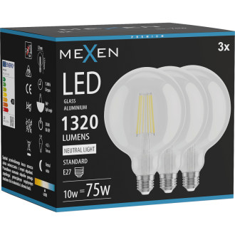 Mexen Vintis 3x LED žiarovka s vláknom E27, G125, 10W, neutrálna - 4000K, 1320 lm, číra - L158-E27-1040-00x03