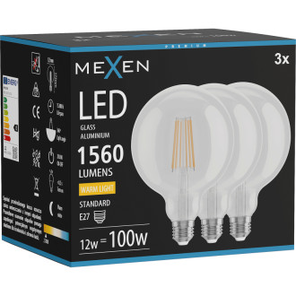 Mexen Vintis 3x LED žiarovka s vláknom E27, G125, 12W, teplá - 2700K, 1560 lm, číra - L158-E27-1227-00x03