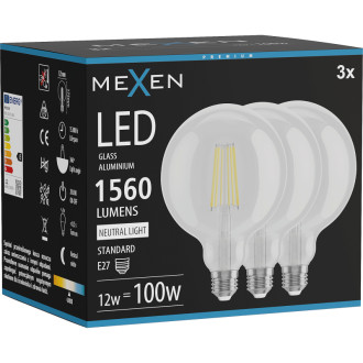 Mexen Vintis 3x LED žiarovka s vláknom E27, G125, 12W, neutrálna - 4000K, 1560 lm, číra - L158-E27-1240-00x03