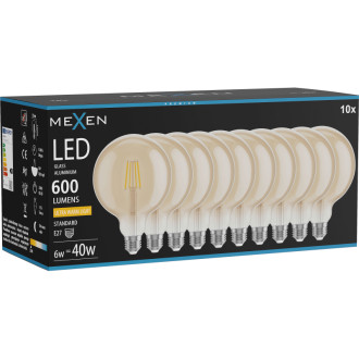 Mexen Vintis 10x LED žiarovka s vláknom E27, G125, 6W, teplá - 2200K, 600 lm, jantárová - L158-E27-0622-50x10