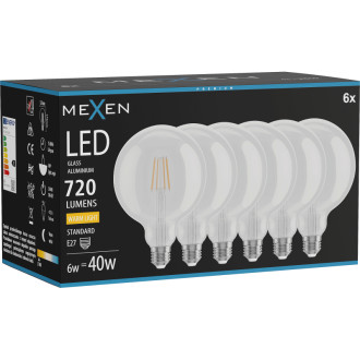 Mexen Vintis 6x LED žiarovka s vláknom E27, G125, 6W, teplá - 2700K, 720 lm, číra - L158-E27-0627-00x06