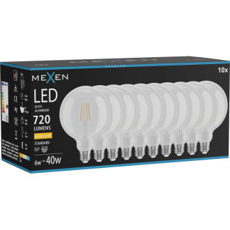 Mexen Vintis 10x LED žiarovka s vláknom E27, G125, 6W, teplá - 2700K, 720 lm, číra - L158-E27-0627-00x10