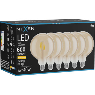 Mexen Vintis 6x LED žiarovka s vláknom E27, G125, 6W, teplá - 2700K, 600 lm, jantárová - L158-E27-0627-50x06