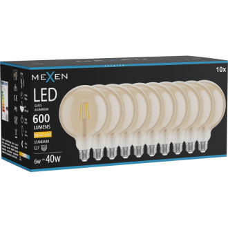 Mexen Vintis 10x LED žiarovka s vláknom E27, G125, 6W, teplá - 2700K, 600 lm, jantárová - L158-E27-0627-50x10