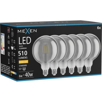 Mexen Vintis 6x LED žiarovka s vláknom E27, G125, 6W, teplá - 2700K, 510 lm, dymová - L158-E27-0627-70x06