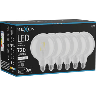 Mexen Vintis 6x LED žiarovka s vláknom E27, G125, 6W, neutrálna - 4000K, 720 lm, číra - L158-E27-0640-00x06
