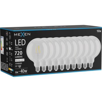 Mexen Vintis 10x LED žiarovka s vláknom E27, G125, 6W, neutrálna - 4000K, 720 lm, číra - L158-E27-0640-00x10