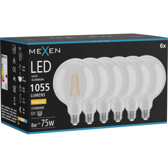 Mexen Vintis 6x LED žiarovka s vláknom E27, G125, 8W, teplá - 2700K, 1055 lm, číra - L158-E27-0827-00x06