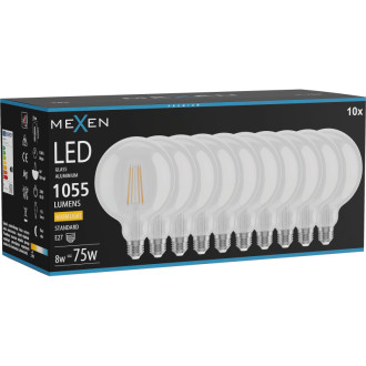 Mexen Vintis 10x LED žiarovka s vláknom E27, G125, 8W, teplá - 2700K, 1055 lm, číra - L158-E27-0827-00x10