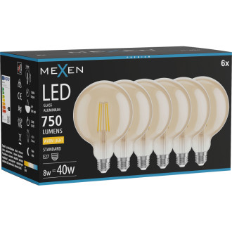 Mexen Vintis 6x LED žiarovka s vláknom E27, G125, 8W, teplá - 2700K, 750 lm, jantárová - L158-E27-0827-50x06