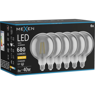 Mexen Vintis 6x LED žiarovka s vláknom E27, G125, 8W, teplá - 2700K, 680 lm, dymová - L158-E27-0827-70x06