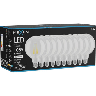 Mexen Vintis 10x LED žiarovka s vláknom E27, G125, 8W, neutrálna - 4000K, 1055 lm, číra - L158-E27-0840-00x10