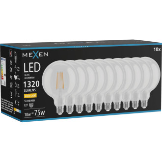 Mexen Vintis 10x LED žiarovka s vláknom E27, G125, 10W, teplá - 2700K, 1320 lm, číra - L158-E27-1027-00x10