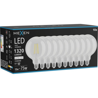 Mexen Vintis 10x LED žiarovka s vláknom E27, G125, 10W, neutrálna - 4000K, 1320 lm, číra - L158-E27-1040-00x10