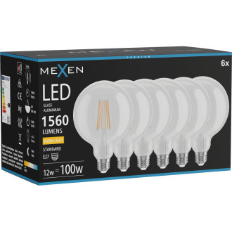 Mexen Vintis 6x LED žiarovka s vláknom E27, G125, 12W, teplá - 2700K, 1560 lm, číra - L158-E27-1227-00x06