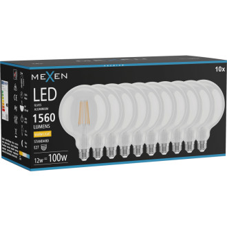 Mexen Vintis 10x LED žiarovka s vláknom E27, G125, 12W, teplá - 2700K, 1560 lm, číra - L158-E27-1227-00x10