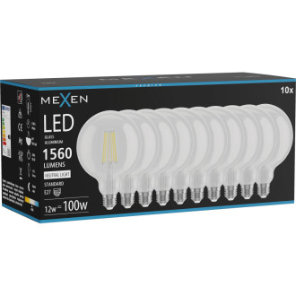 Mexen Vintis 10x LED žiarovka s vláknom E27, G125, 12W, neutrálna - 4000K, 1560 lm, číra - L158-E27-1240-00x10