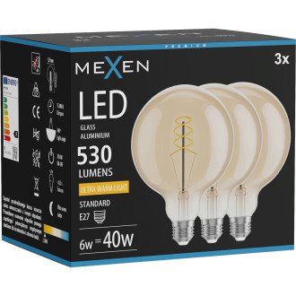 Mexen Vintis 3x LED špirálová žiarovka E27, G125, 6W, teplá - 2200K, 530 lm, jantárová - L168-E27-0622-50x03