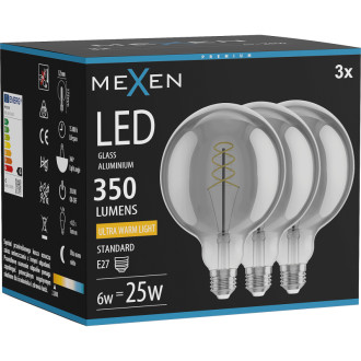 Mexen Vintis 3x LED špirálová žiarovka E27, G125, 6W, teplá - 2200K, 350 lm, dymová - L168-E27-0622-70x03
