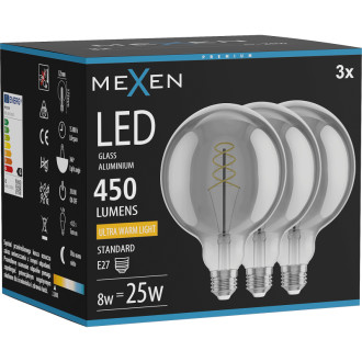 Mexen Vintis 3x LED špirálová žiarovka E27, G125, 8W, teplá - 2200K, 450 lm, dymová - L168-E27-0822-70x03