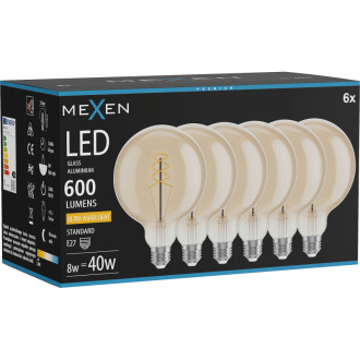 Mexen Vintis 6x LED špirálová žiarovka E27, G125, 8W, teplá - 2200K, 600 lm, jantárová - L168-E27-0822-50x06