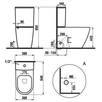 TURKU WC kombi, Vortex Rimless, spodný/zadný odpad, biela
